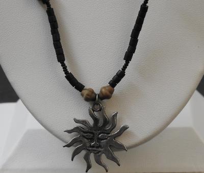 Vintage Sun Mandala Pendant Stone Bead Necklace Silver Tone Clasp 16'' Drop Y49