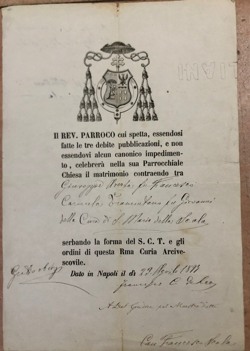Antico documento celebrazione matrimonio Napoli 1893