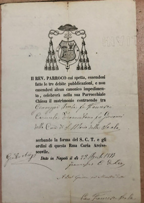 Antico documento celebrazione matrimonio Napoli 1893