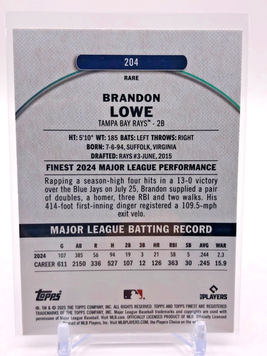 2025 Finest #204 Brandon Lowe Blue #/99 - Afbeelding 2 van 2