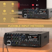 Bluetooth 5.0 Power Amplifier 2000W Peak 5-Band EQ FM Karaoke w/Remote US