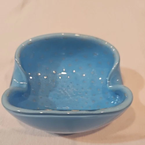 Vtg Murano Art Glass Bowl Blue Silver Flake Asymmetrical Atomic MCM
