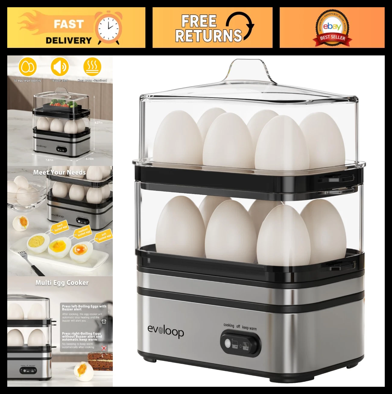 Electric Egg Cooker for 12 Eggs - Soft, Medium, Hard Boiled, Poached & Omelet Ma