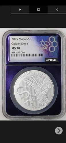 2025 Malta S5E Golden Eagle 1oz .9999 Silver NGC MS70 Purple Core Beautiful Coin