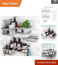 Rustproof Adhesive Corner Shower Organizer - 3-Pack Silver Rack with 12 Hooks