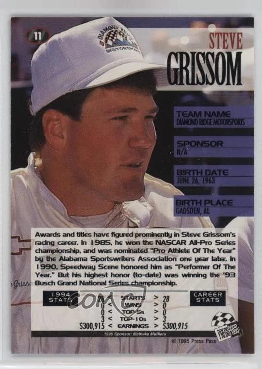 1995 Press Pass Cup Chase Steve Grissom #11 - Image 2 of 2