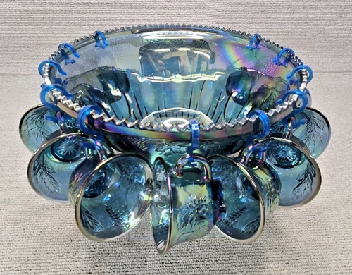13 Pcs VTG INDIANA GLASS IRIDESCENT BLUE HARVEST CARNIVAL GLASS PUNCH BOWL SET
