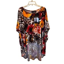 ATTITUDES by Renee Global Illusions Como Jersey Tunic Red Brown Fierce Floral LP