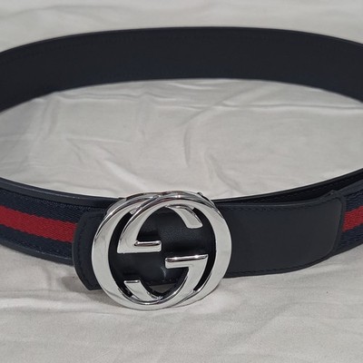 Authentic Reversible Gucci Navy Blue and Red Striped Belt Men Size
