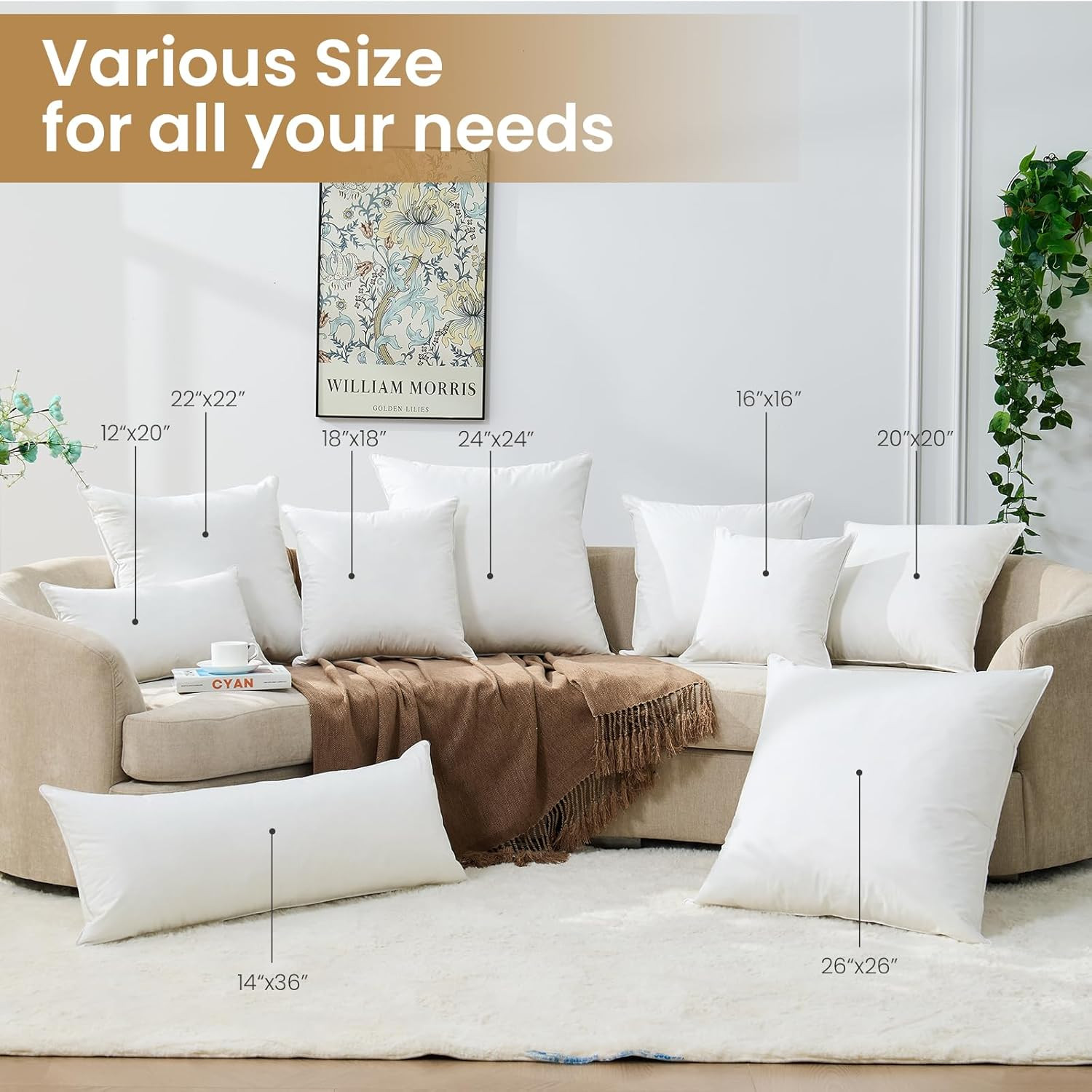 BHZ Euro Throw Pillow Insert 14x36 - Down Feather Alternative Hypoallergenic Pil