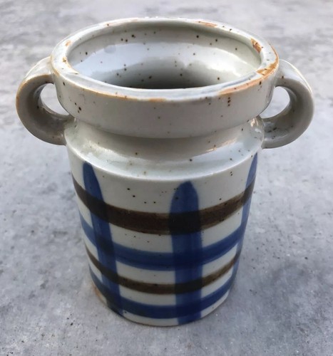 Vintage Vase Stoneware Pottery UC CTI Japan Blue Brown Off White Plaid W Handles - Picture 2 of 12