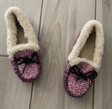 Crewcuts Pink Glitter Sparkly Fur Lined Moccasin Slippers Size 5