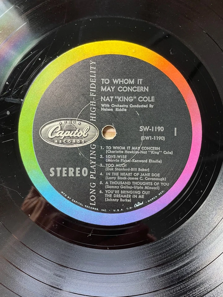 NAT "KING" COLE  To Whom It May Concern LP 1959 JAZZ POP VOCAL Capitol STEREO - Image 2 of 4