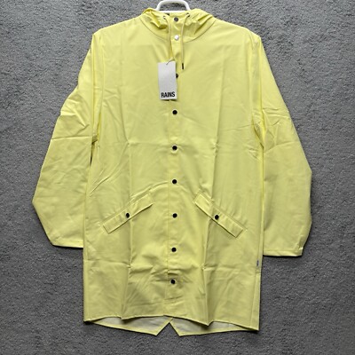 Rains Long Jacket Unisex XL Straw  Hooded Built In Cap Snap Up Snap Pockets
