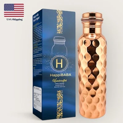 100% Pure Copper Water Bottle Hammered 32oz Leak Proof Lid w/Extra Silicone Ring