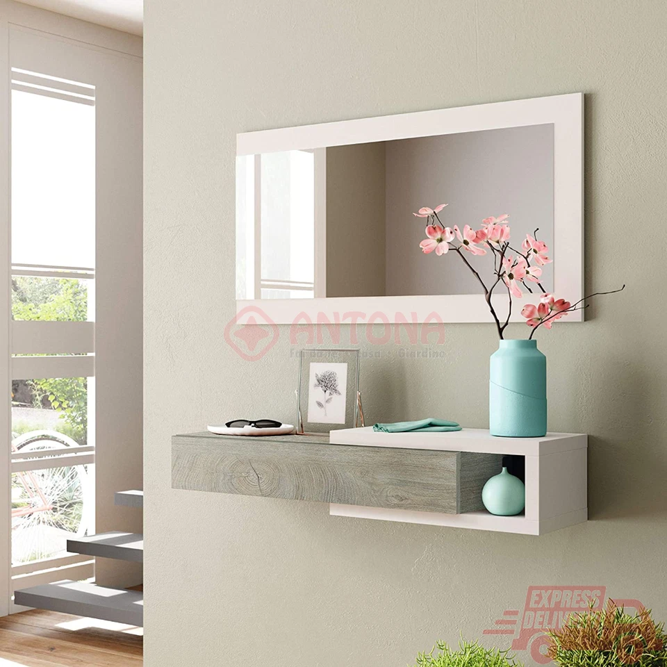 Ingresso moderno 1 Cassetto + Specchio 'NOON' Bianco / Quercia sospeso da design - Immagine 3 di 4