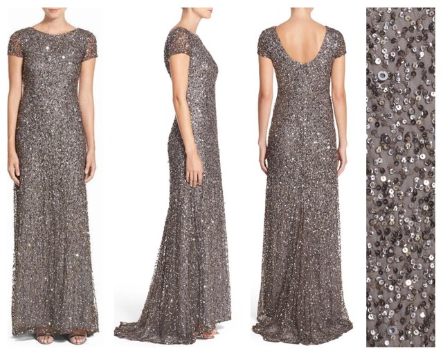 adrianna papell short sleeve sequin mesh gown