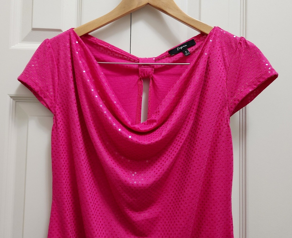 hot pink dress tops Women's Express Sequins Waterfall Neckline Open Back Shirt Top Blouse S SCH004979_R_L