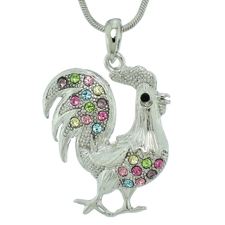 Swarovski Crystal Multi-Color Rooster Pendant Necklace with 18 Inch Chain