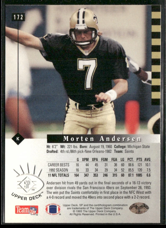 1993 SP #172 Morten Andersen - Image 2 of 2