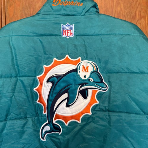 VTG 90s Reebok Miami Dolphins NFL Puffer Jacket Rare Winter L Flaws Thrashed - Picture 14 of 20
