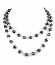 Certified 5 mm24" Black Diamond Faceted Beads Long Silver Wire Necklace