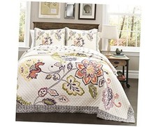 Aster Flower Pattern Reversible 3 Piece Full/Queen Coral  Navy Quilt