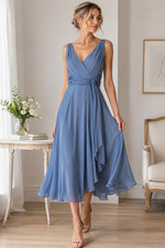 Vintage 100% Silk Dress 10P Blue Satiny Sash Sleeveless Feminine Flowy Elegance