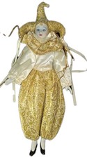 Rare Vintage Pierrot Clown Porcelain Doll Gold Costume Harlequin Jester 17 Inch