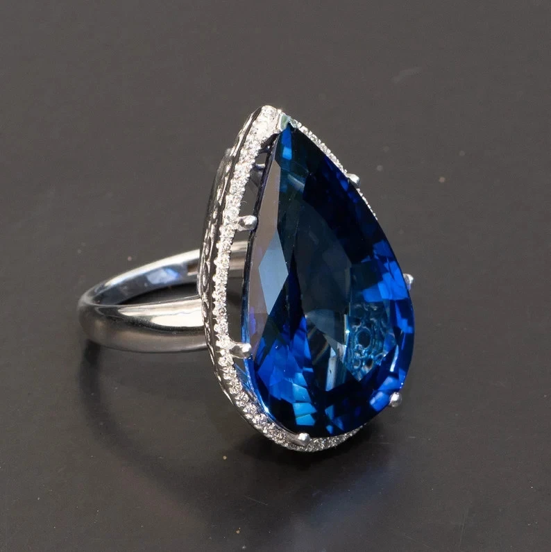 11.40 Ct Pear Cut Natural Sapphire & Diamond Engagement 14K Ring White Gold Sz 7 - Image 2 of 4