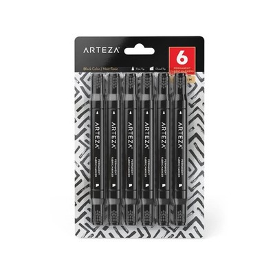 Arteza Fabric Markers Black Chisel & Fine Tip Dual-Tip - Pack of 6