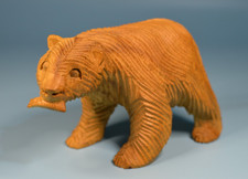 Hand carved Wooden Bear Figure Figurine - Bear With Fish Wood Carving 4'' / 10cm