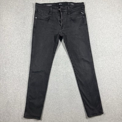 Replay ANBASS Jeans Men 34x32 Black HYPERFLEX Tapered Stretch Logo Zip Fly Italy