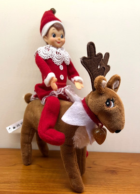 Elfie Girl in a Skirt Meets Elf Pets 8'' Reindeer with Gold Heart for Christmas
