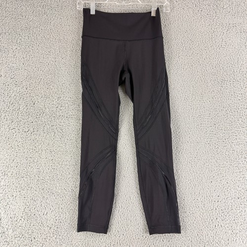 Lululemon High Times Tech Mesh Stripe Leggings Womens Size 6 Black Yoga Gym