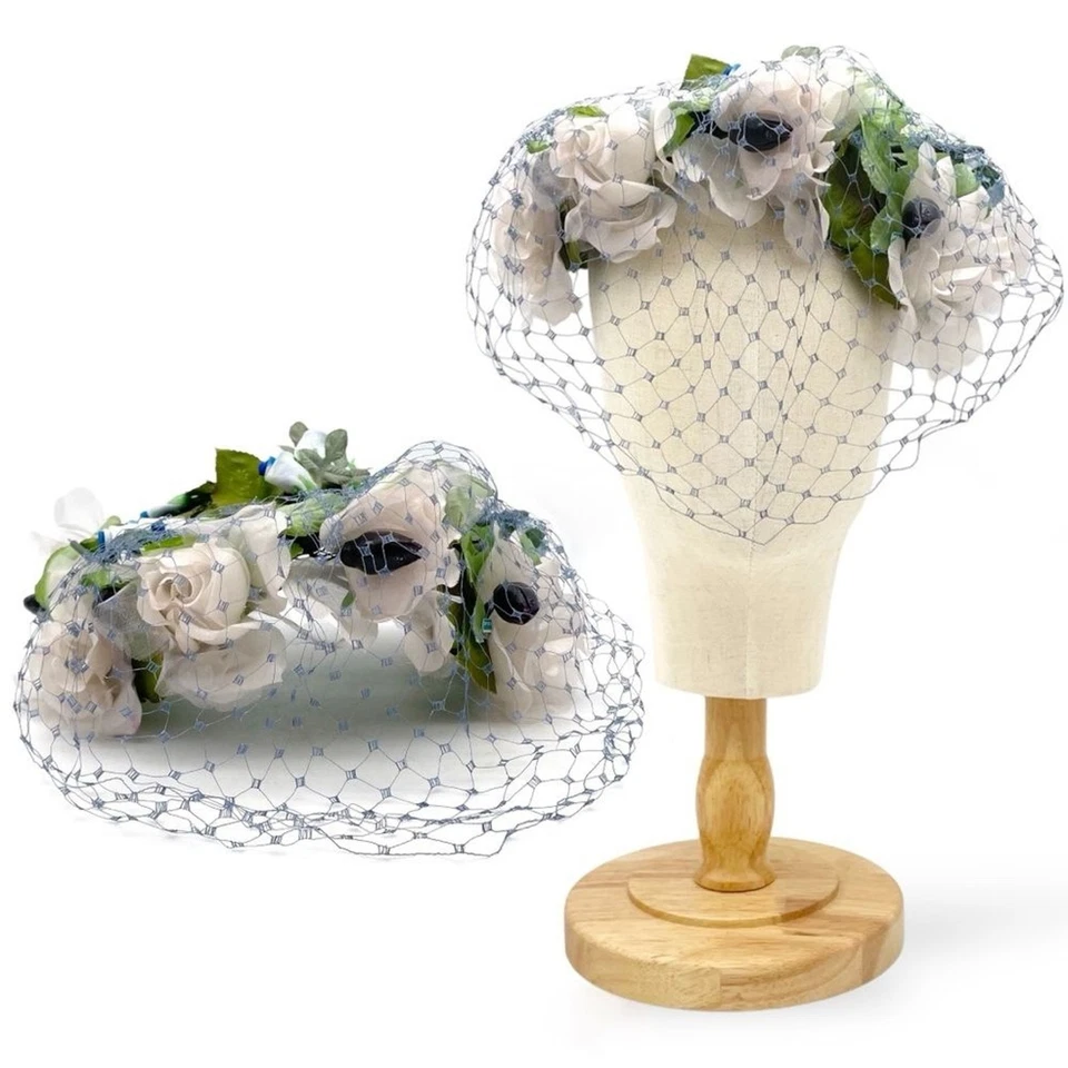 Vintage 1950s Le Cavalier Floral Hat w/ Veil White Roses Blue Accents Netting - Image 2 of 4