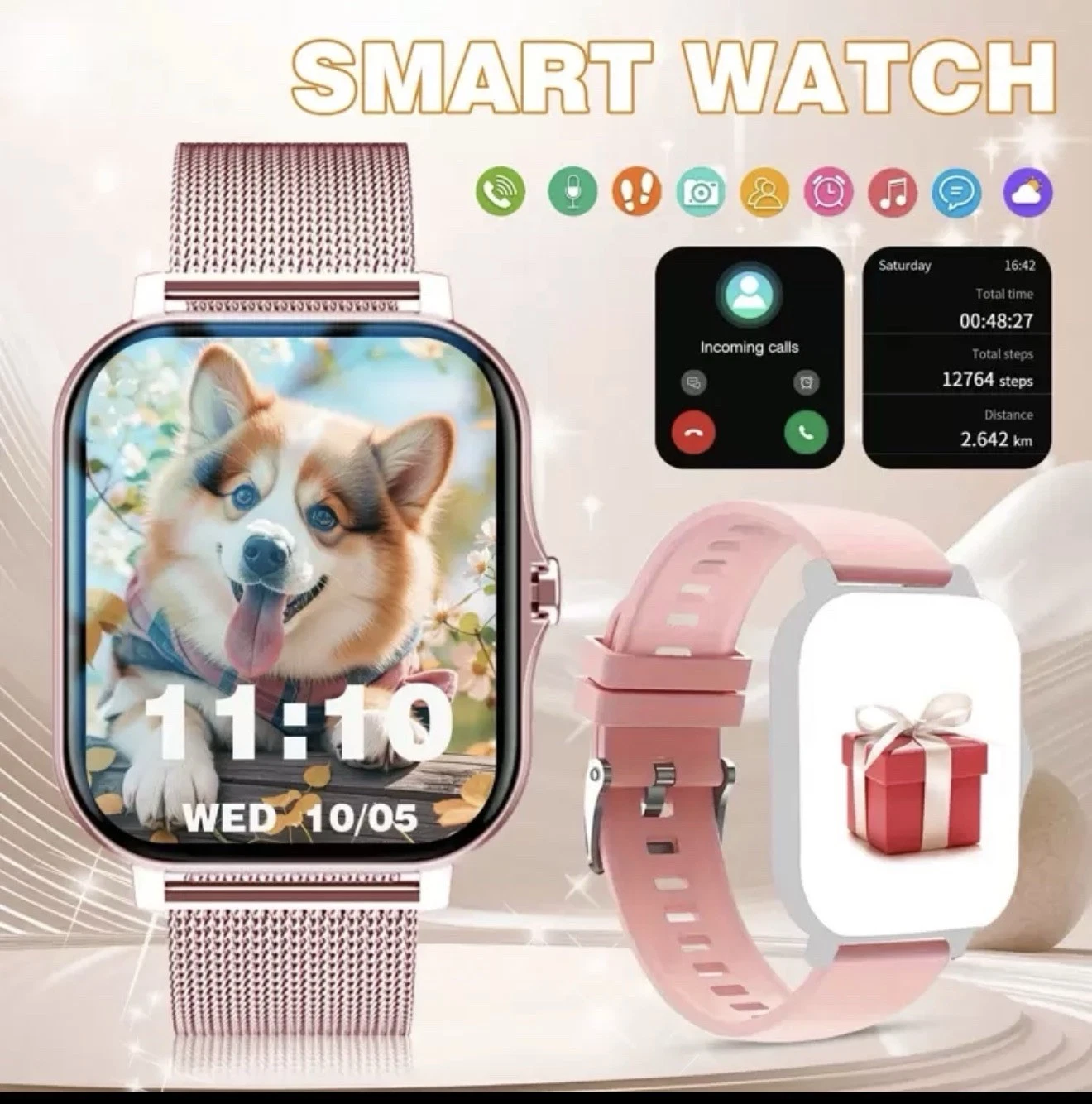 Smart Watch Pink Bluetooth for iPhone Android Samsung Men Women Fitness Tracker