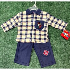 Vintage Mickey For Kids Pants Set Boys 12M Cream Blue Plaid Mickey Mouse Zipper