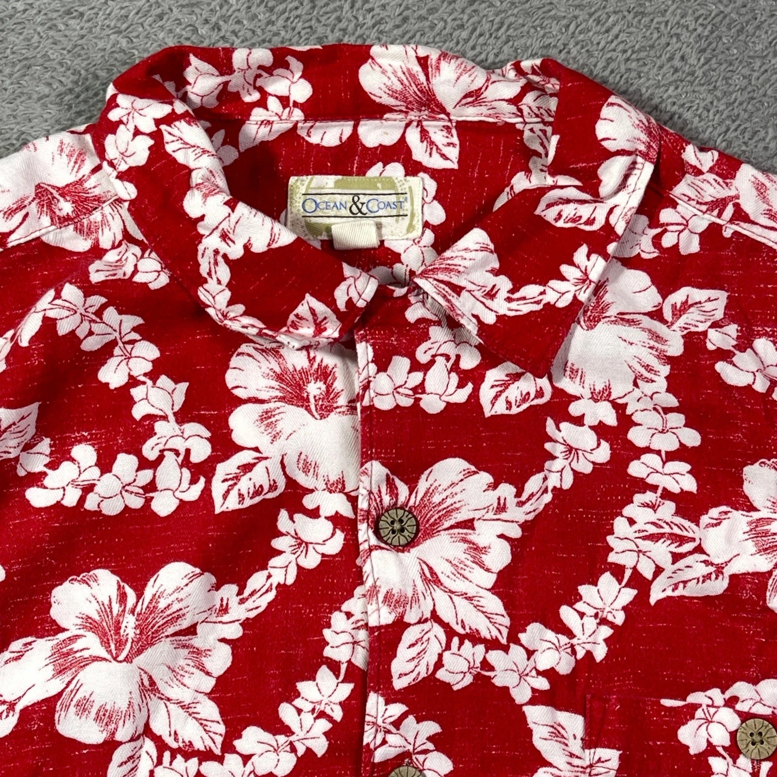 Ocean & Coast Men's Hawaiian Shirt Floral Tropical Red White Button Up Large