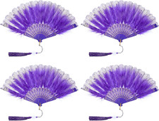 Embroidered Flower Marabou Feather Fan, 4 Pack 1920S Vintage Folding Handheld Fa