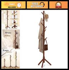 Freestanding Wooden Coat Rack with 8 Hooks, Adjustable Height, Space-Saving Desi