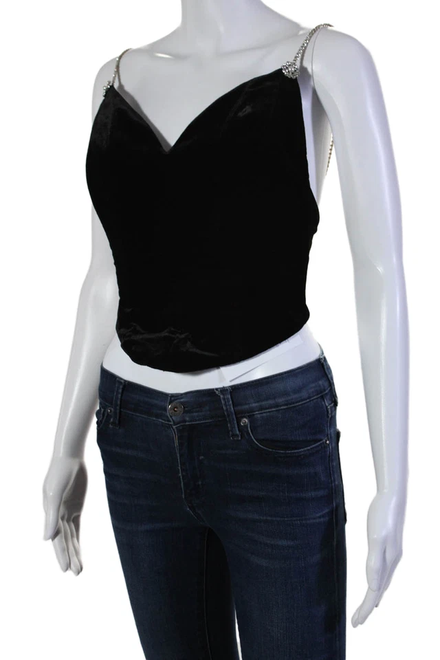 Blusa de veludo Magda Butrym feminina botão costas cristal alça espaguete preta FR 36 - Imagem 3 de 4