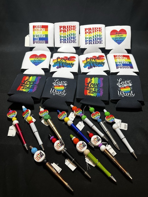 Lot Of 12 Pride Can Coolers & 11 Hand Beaded Pens. New!