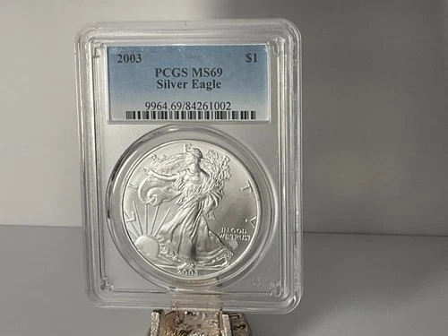 2003 $1 AMERICAN SILVER EAGLE PCGS MS69 CLASSIC BLUE LABEL 1 Oz .999 Fine Silver