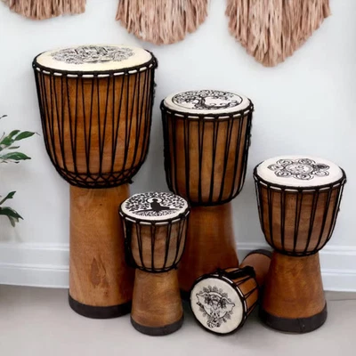 Tambour Djembé Djembe Bois Mandala Buddha & Éléphant, Haut Large - 13, 15, 20 cm - Photo 1/2
