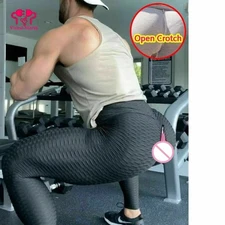 Men Open Crotch Yoga Pants Gay Sport Double Seamless Zipper Panties