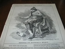 1882 Original POLITICAL CARTOON - FRENCH GIRL Sitting on Box of DYNAMITE France