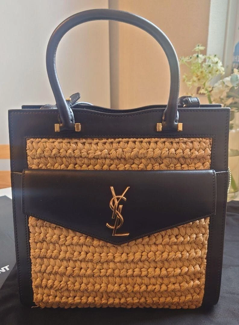 Auth SAINT LAURENT Uptown YSL Leather x Raffia 2way Hand Shoulder