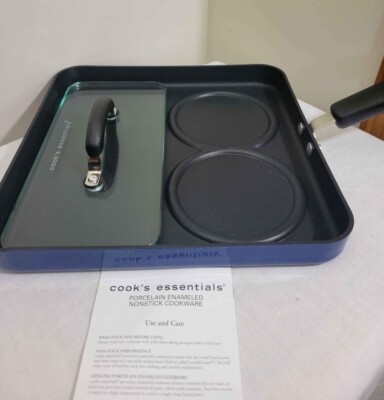 Cooks Essentials Blue Porcelain Enamel Divided Skillet with Glass Bacon Press