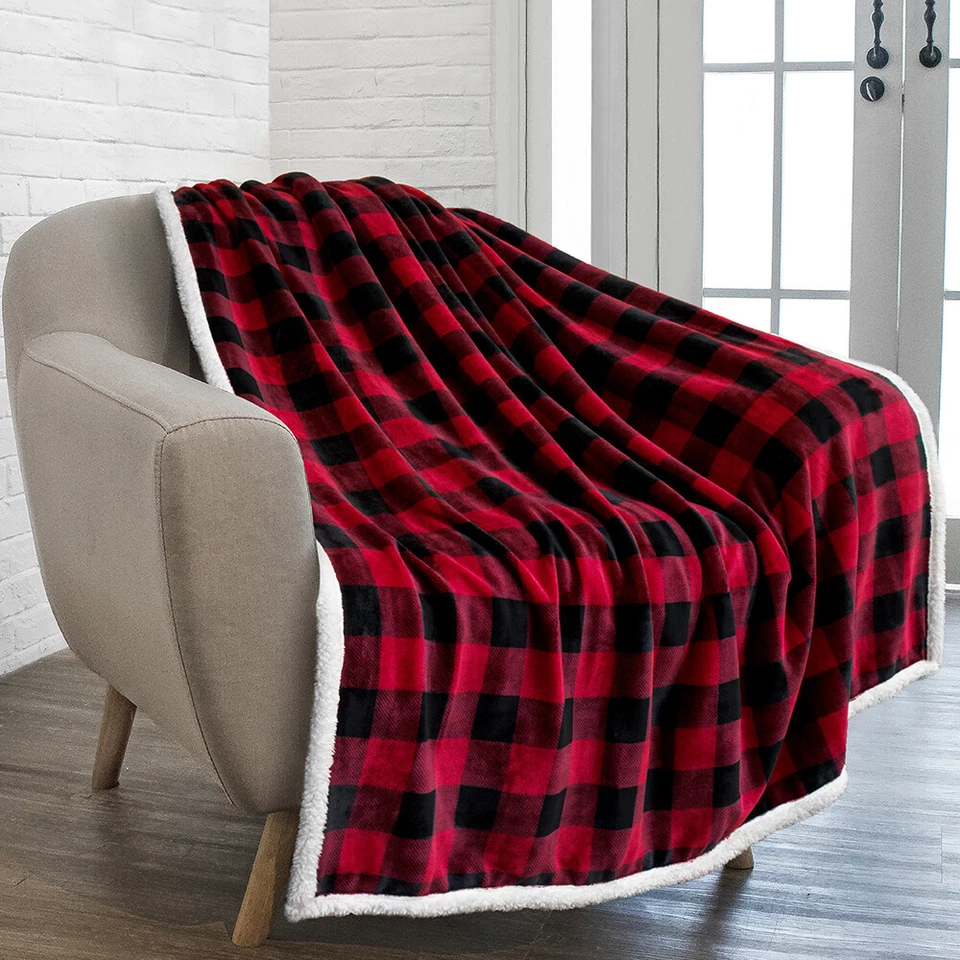 Plaid Sherpa Throw Blanket Fleece Checkered Soft Plush Warm Couch Bed Blanket - Image 2 of 4